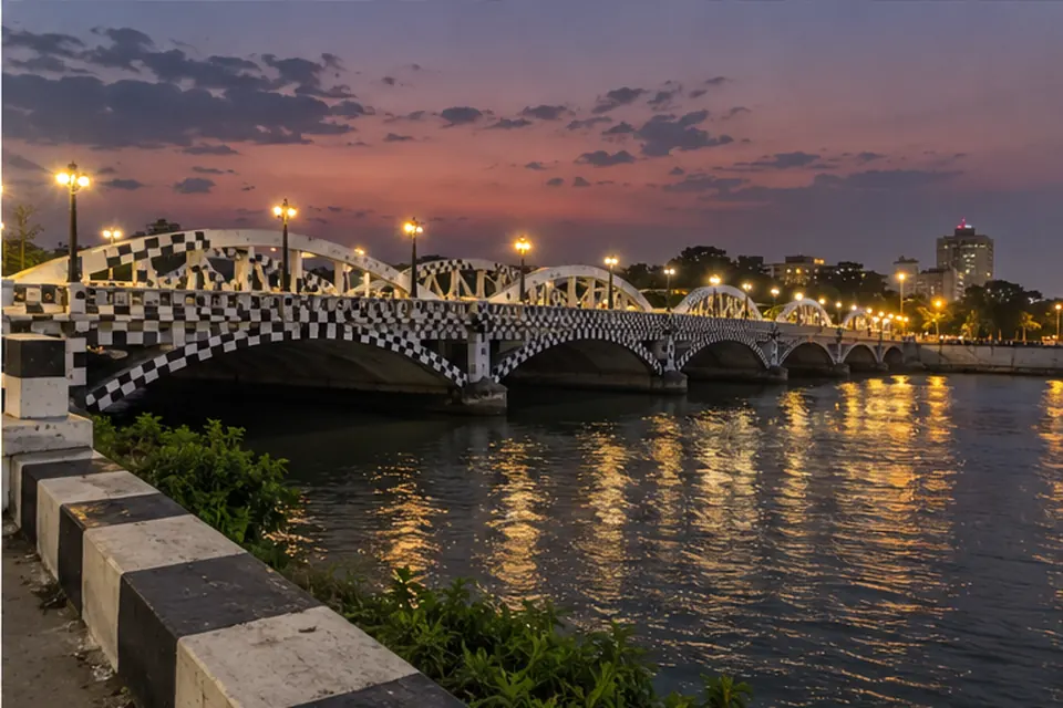 Napier Bridge in Chennai painted as a black-and-white chessboard, at dusk